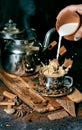 Tasty steaming espresso in cup with coffee beans. View from above. Dark background.