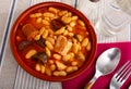 Tasty stew of asturian beans in gravy with sausages