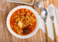 Tasty stew of asturian beans in gravy with sausages