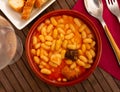 Tasty stew of asturian beans in gravy with sausages