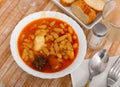 Tasty stew of asturian beans in gravy with sausages