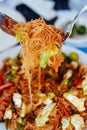 Tasty stir fry rice noodle with meat and vegetables, Asian food celebration Royalty Free Stock Photo