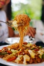 Tasty stir fry rice noodle with meat and vegetables, Asian food celebration Royalty Free Stock Photo