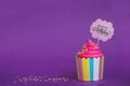 Tasty strawberry cupcake with sprinkles and Happy Birthday banner on violet background. Party background