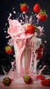 Tasty strawberry milkshake topped with cream, with splashes