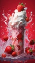 Tasty strawberry milkshake topped with cream, with splashes