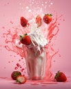 Tasty strawberry milkshake topped with cream, with splashes