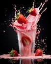 Tasty strawberry milkshake topped with cream, with splashes