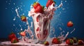 Tasty strawberry milkshake topped with cream, with splashes