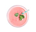 Tasty strawberry smoothie with mint in glass isolated, top view Royalty Free Stock Photo