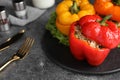 Tasty stuffed bell peppers on grey table, closeup Royalty Free Stock Photo