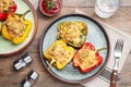 Tasty stuffed bell peppers served on wooden table Royalty Free Stock Photo