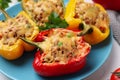 Tasty stuffed bell peppers on table, closeup Royalty Free Stock Photo