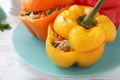 Tasty stuffed bell peppers on white table, closeup Royalty Free Stock Photo