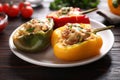 Tasty stuffed bell peppers on table, closeup Royalty Free Stock Photo