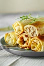 Tasty stuffed pancakes crepes with meat closeup. Thin pancakes with fillings. Russian Fried Stuffed Pancakes Blintzes with Meat