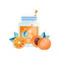 Tasty summer smoothie with orange and apricot. Glass jar of refreshing juice with ice and drinking straw. Vegetarian