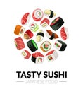 Tasty Sushi Banner Template, Japanese Food Business Card with Asian Seafood Seamless Pattern of Round Shape Vector