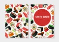 Tasty Sushi Card Template with Asian Food Seamless Pattern, Design Element Can Be Used for Packaging, Flyer, Certificate Royalty Free Stock Photo