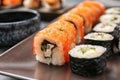 Tasty sushi on plate, closeup