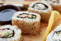 Tasty sushi on table, closeup