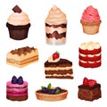 Tasty Sweet Cakes and Cupcakes Collection, Delicious Desserts with Fresh Berries Vector Illustration Royalty Free Stock Photo