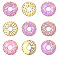 Tasty sweet colorful donuts with sprinkles set