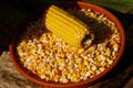 Tasty sweet corn cob in bowl