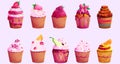 Tasty sweet cupcake or muffin set. Food decorated with berrie, fruit and candy. Royalty Free Stock Photo