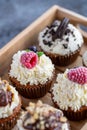 Tasty sweet muffins with mascarpone creme and chocolate, raspberry and blueberry. Fresh home baked sweets with fruit. Placed in Royalty Free Stock Photo