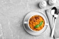 Tasty sweet potato puree served on grey marble table, top view Royalty Free Stock Photo