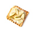 Tasty sweet toast with butter, honey and pieces of pear on white background