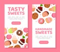 Tasty sweets mobile app templates set. Handmade sweets and desserts landing page, web banner cartoon vector