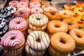 Tasty sweets in the window of the confectionery store. Fresh pastries, donuts, cakes