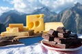 Tasty Swiss cheeses and dark pure chocolate, emmental, gruyere, appenzeller served outdoor with Alpine mountains peaks on Royalty Free Stock Photo