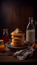 Tasty tall stack pancakes with maple syrup and butter breakfast. Generative AI