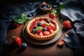 Tasty tart with fresh berries and apple decorated with mint leaves on table. Created with generative AI