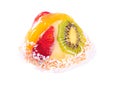 Tasty tart with fruits: strawberry, peach, kiwi;