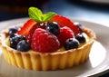 Tasty tartlet dessert with fresh berries and mint leaf.Macro.AI Generative