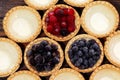 Tasty tartlets with different berries,cranberries,bilberry,blackcurrant . Berry tartlets. Cake with berries. Dessert with berries