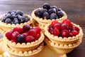 Tasty tartlets with different berries,cranberries,bilberry,blackcurrant . Berry tartlets. Cake with berries. Dessert with berries