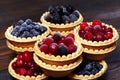 Tasty tartlets with different berries,cranberries,bilberry,blackcurrant . Berry tartlets. Cake with berries. Dessert with berries