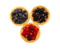 Tasty tartlets with different berries,cranberries,bilberry and blackcurrant isolated. Berry tartlets. Cake with berries. Dessert