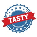 TASTY text on red blue ribbon stamp Royalty Free Stock Photo