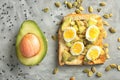 Tasty toast and avocado on grey background, top view