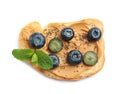 Tasty toast with blueberries, peanut butter and chia seeds on white, top view