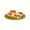 Tasty toasts with cheese cream and red tomatoes. Appetizing snacks on green plate. Flat vector design Royalty Free Stock Photo