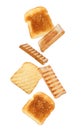 Tasty toasts falling on background