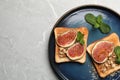 Tasty toasts with fig pieces, peanut butter and walnuts on light grey marble table, top view. Space for text