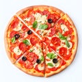 Tasty top view sliced pizza italian traditional round pizza